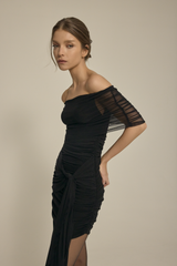 Vestido Tule Ombro a Ombro Franzido