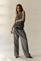 Calça Wide Leg de Cintura Baixa com Passantes Duplos